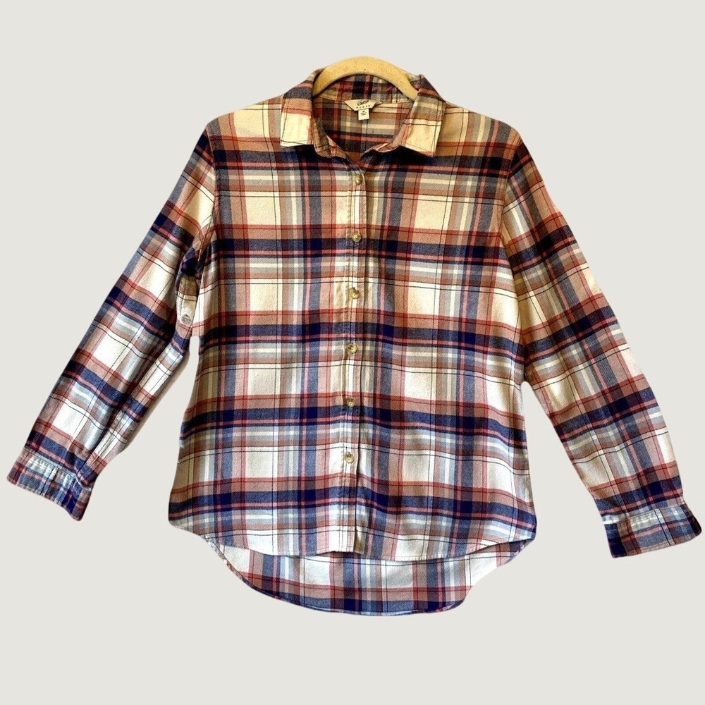 Grayers Plaid Flannel Shirt Women Medium Cream Navy Rust Button Down Casual Top
